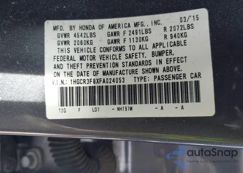 2015 Honda Accord Ex-L V-6 from USA, damaged, VIN 1HGCR3F8XFA024053